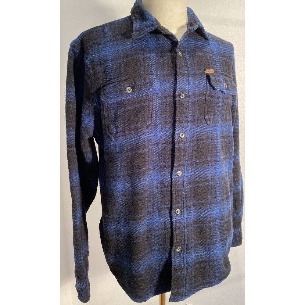 Orvis Plaid Shirt Blue Black Thick Cotton Men's Size L